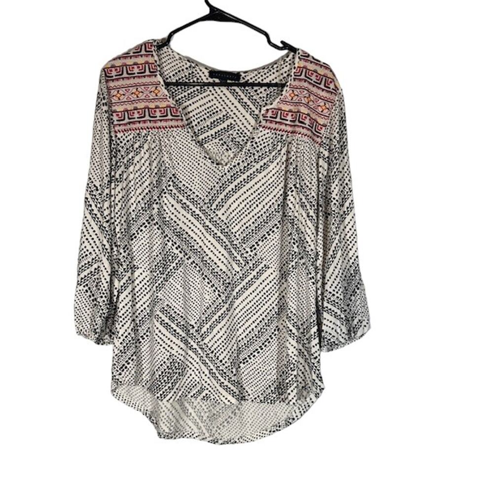 Sanctuary White Multicolor V-Neck Long Sleeve Boho Blouse Women Sz L
